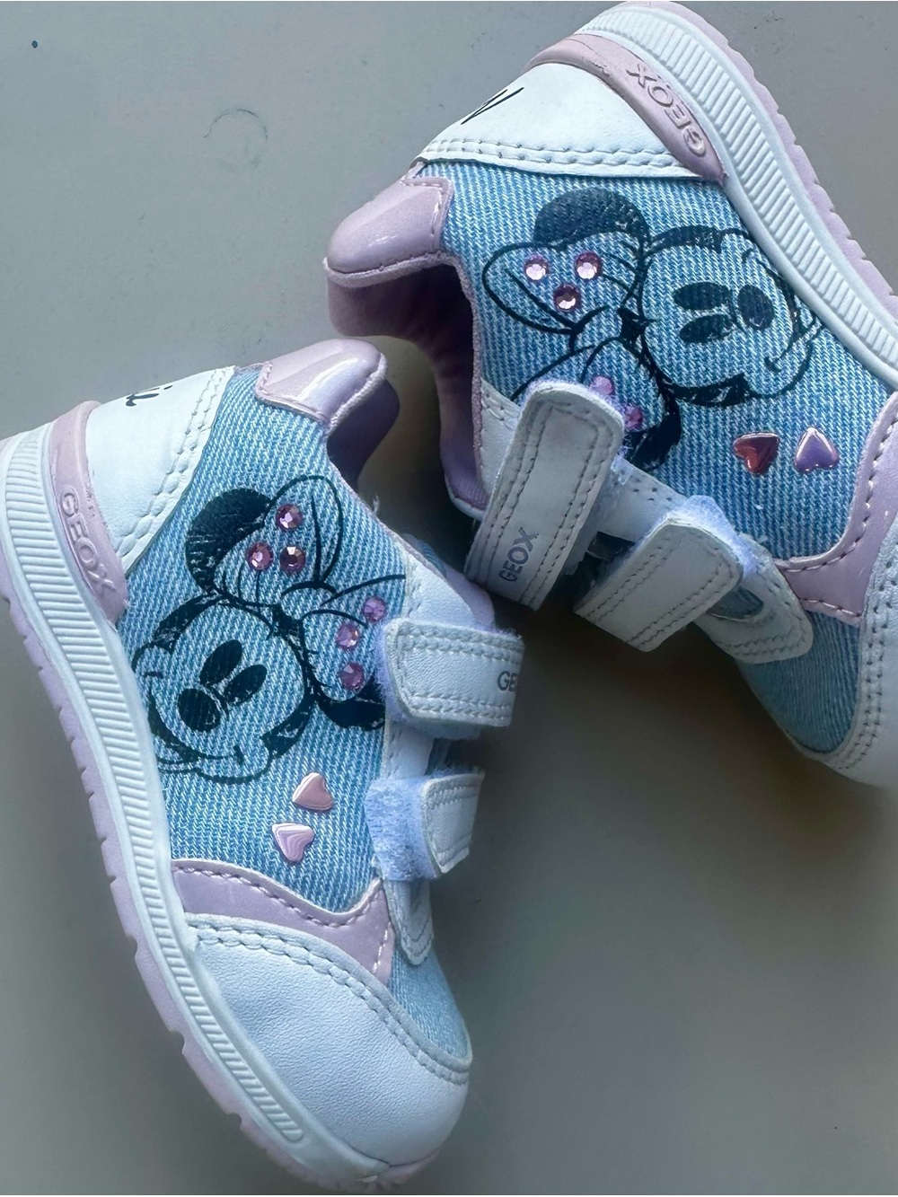 Geox Kids Light Blue Denim-Look & Pink Minnie Mouse Velcro Sneakers
